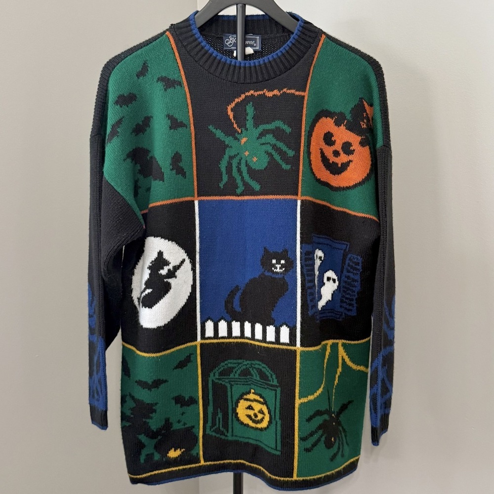 JJ Browne Sweater Women's Large Vintage Halloween Black Cat Pumpkin Spider USA
